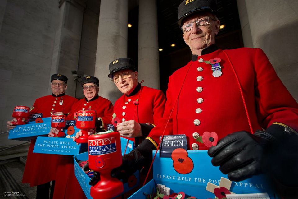 Chelsea pensioners selling poppies outside the Ministry of Defence