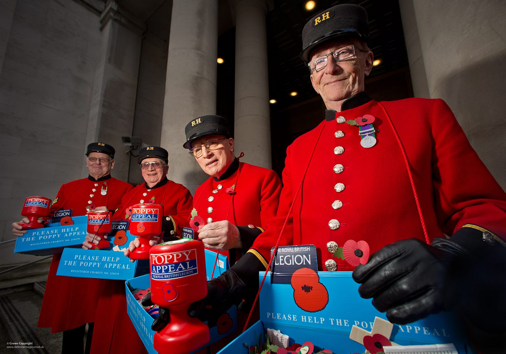 Chelsea pensioners selling poppies outside the Ministry of Defence
