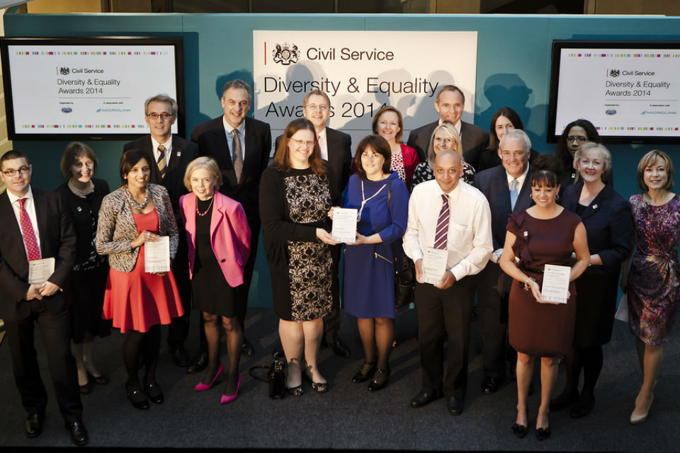 A picture of the 2014 Civil Service Diversity & Equality Award winners and their presenters.