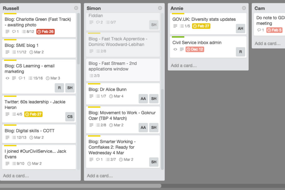 UK Civil Service social media trello board