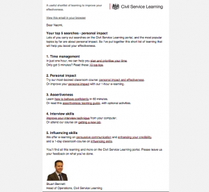 screenshot of the new civil service learning email