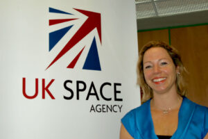 Photo of Dr Alice by the UK Space Agency logo