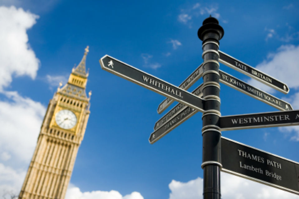 Whitehall tourist sign with Big Ben in the background