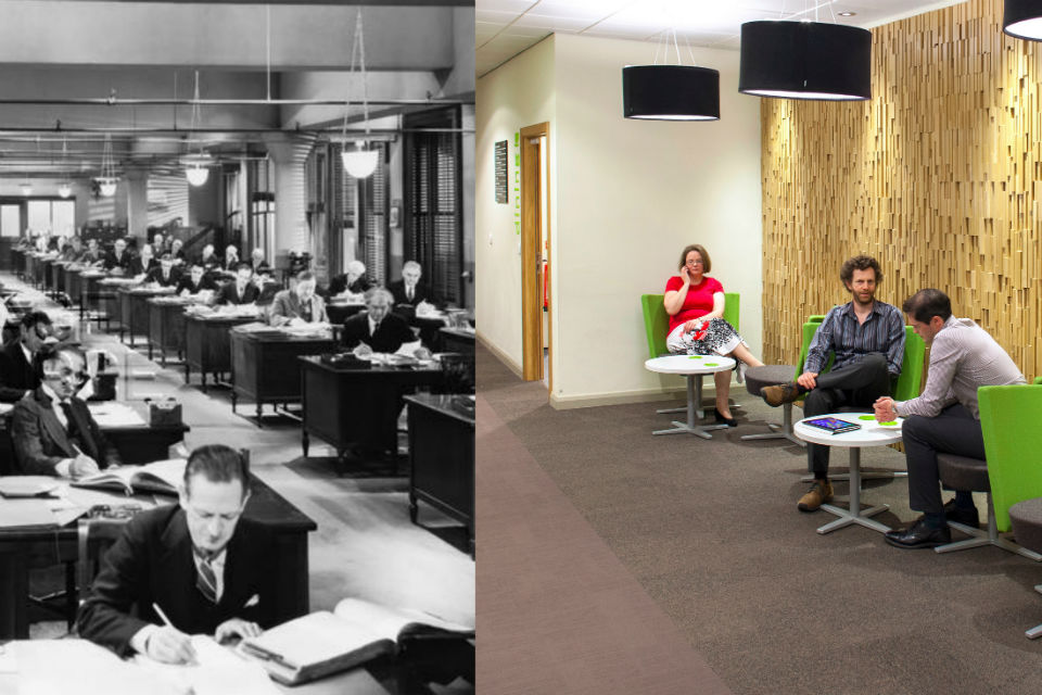 Composite images of an office from the 40s on the left and a modern Civil Service breakout area.