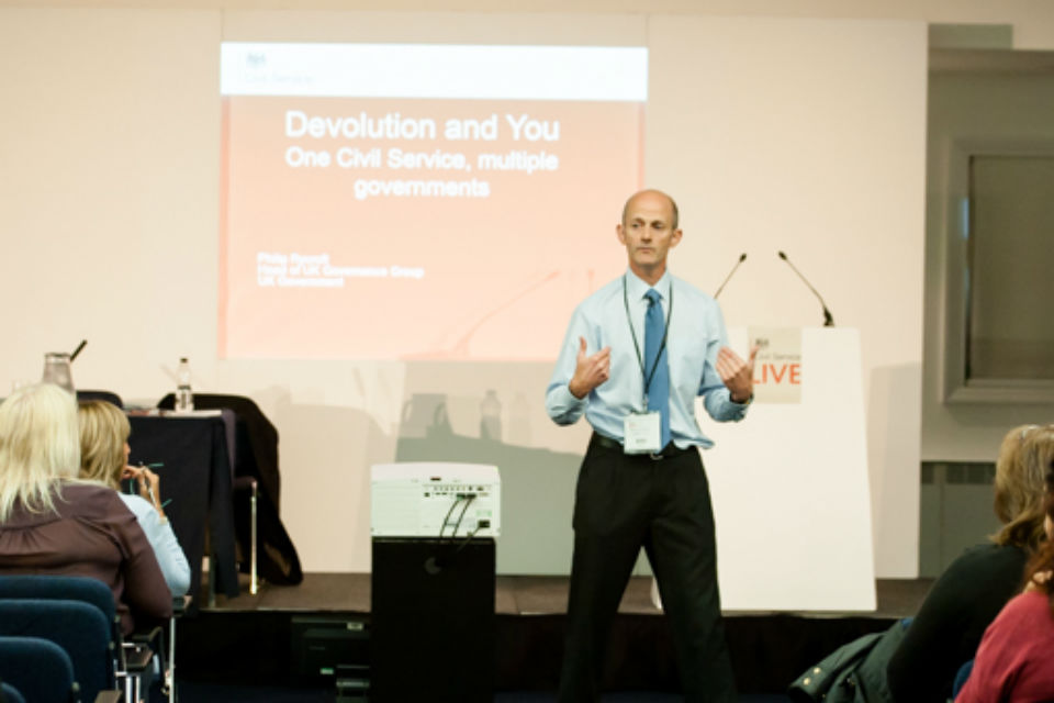 Philip Rycroft presenting the Devolution and You at Civil Service Live 2015: Manchester