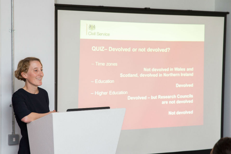 Lucy Smith, Constitution Director, presenting a devolution quiz at Civil Service Live Bristol