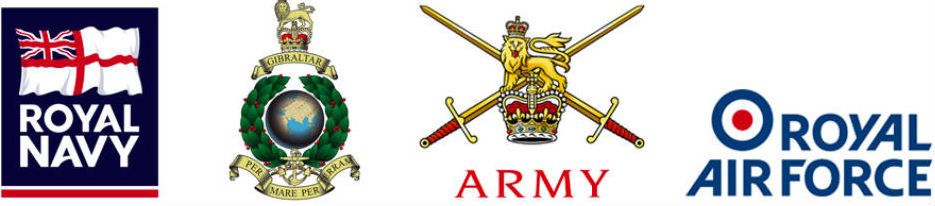 Insignia of the Armed Forces Reserves (l to r): Royal Naval Reserve, Royal Marines Reserve, Army Reserves, Royal Auxiliary Air Force