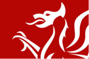 Detail from logo of Welsh Government showing head and shoulders of stylised dragon.