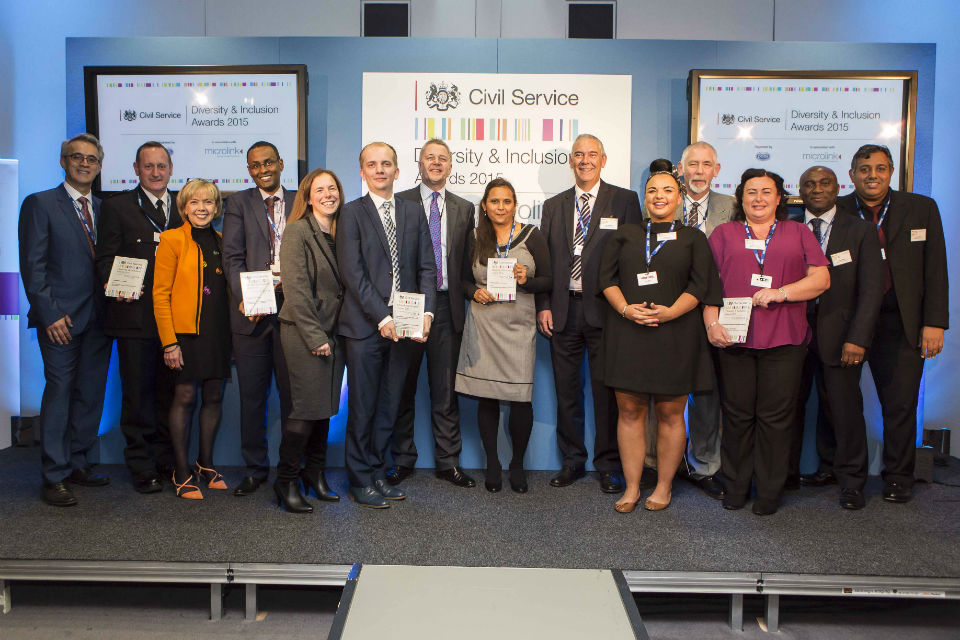 The 2015 Diversity & Inclusion Awards winners with sponsor Dr Nasser Siabi (far left), Diversity Champion Sue Owen (3rd from left) and Sir Jeremy Heywood (centre left).