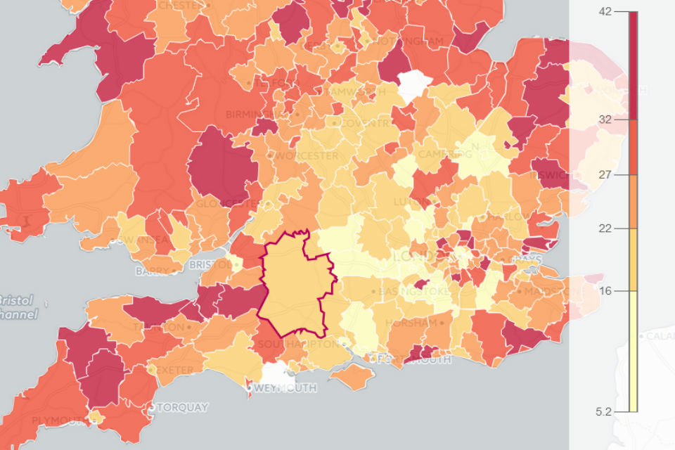 Shaded (partial) map of Britain showing number of employees paid below living wage