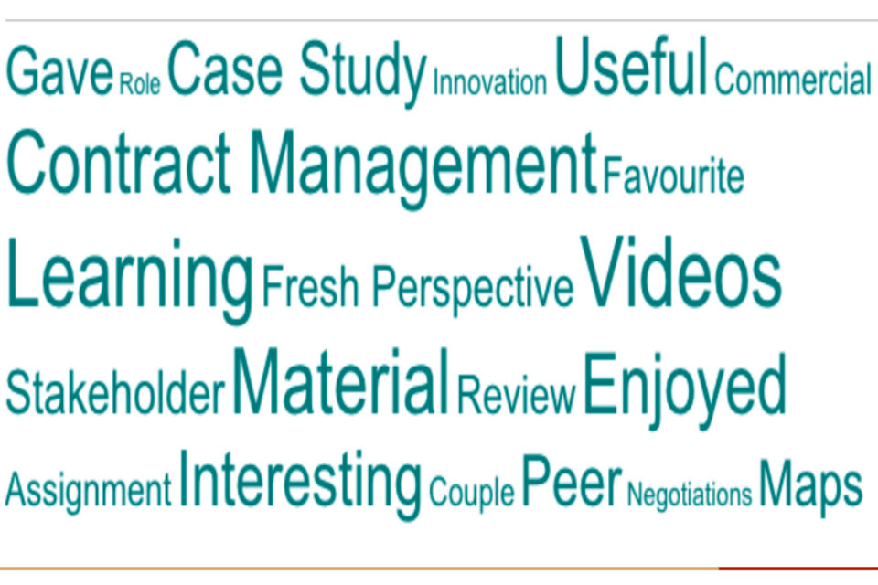 Word cloud describing the benefits of the Massive Open Online Course on contract management learning model