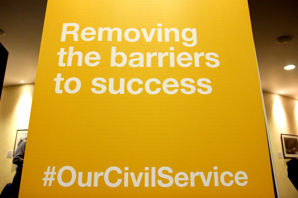 Banner with legend "Removing the barriers to success - #OurCivilService"