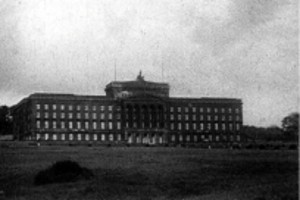 Black and white image of large building