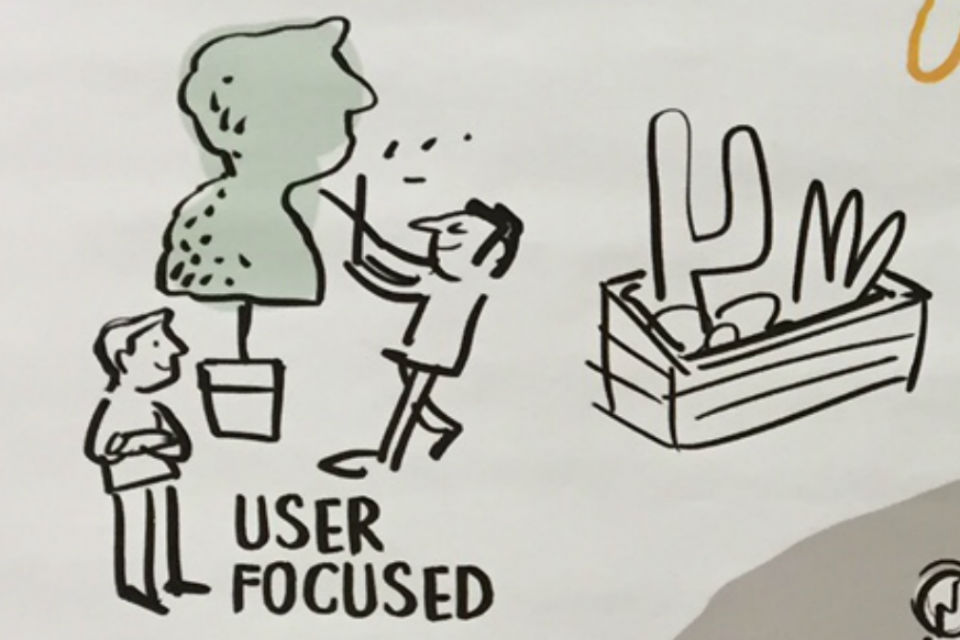 Detail from cartoon graphic depicting learning delivery approaches with man trimming hedge to shape of customer