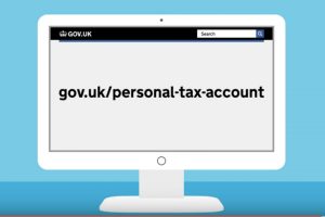 Graphic of computer screen with text 'gov.uk/personal-tax-account'