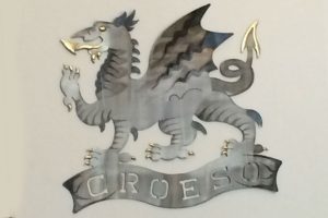 Steel Welsh dragon plaque with legend 'Croeso' (welcome)
