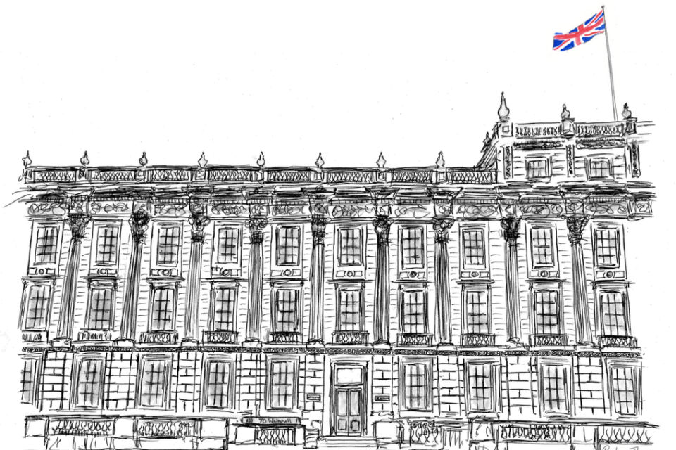 Line drawing of building with union flag top right