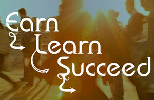 Earn, Learn, Succeed legend superimposed on image of young people