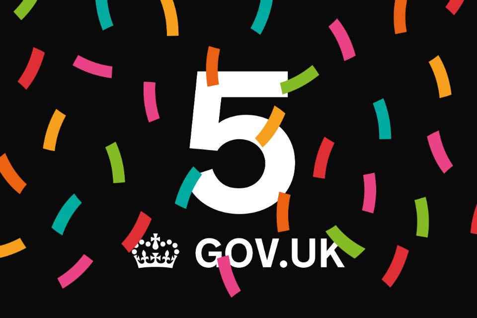 Graphic showing confetti and celebrating GOV.UK's 5th birthday