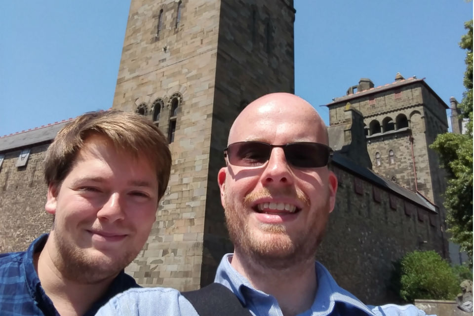 Two men outside Cardiff Castle