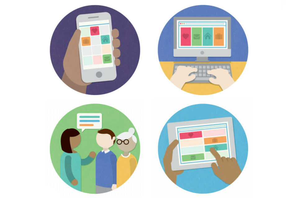 Four graphics illustrating different forms of communication, from verbal to digital, on different devices