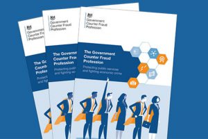 Three Government Counter Fraud Profession leaflets arranged together