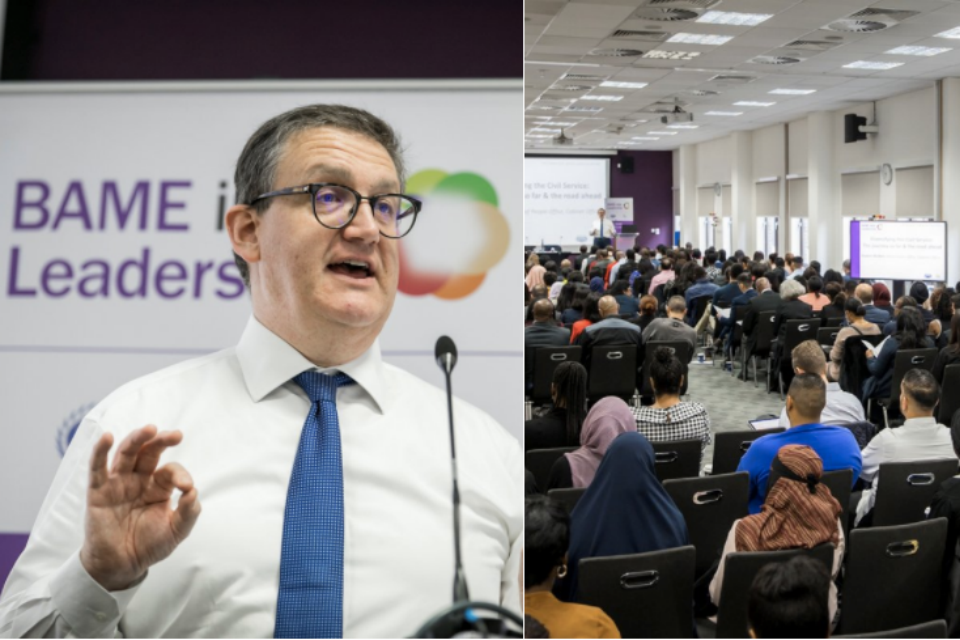 Composite image: close up of speaker at conference; and long shot from back of him speaking