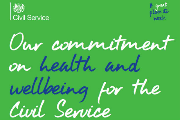 Commitment to Graphic with text: 'Our commitment on health and wellbeing for the Civil Service', with the Civil Service logo and the words 'A great place to work' above.