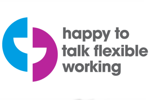 Flexible working logo of the Working Families organisation, comprising two stylised quotation marks and the legend 'happy to talk flexible working'