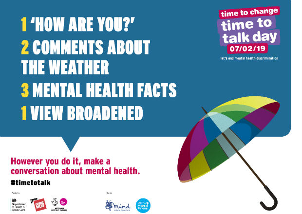 Graphic for Time to Talk Day, part of the Time to Change campaign. It has the Time to Change logo at top right, and the Time to Talk Day logo with date 07/02/19 in a speech box with the text: 1 "How are you?"; 2 Comments about the weather; 3 Mental health facts; 1 View broadened. And beneath the speech box is a multi-coloured umbrella and the words: However you do it, make a conversation about mental health, and the Time to Talk hashtag.