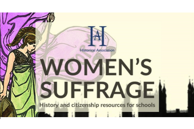 Graphic with the words Historical Association, Women's Suffrage, History and citizenship resources for schools, superimposed on an image of a figure symbolising the suffrage movement, and a silhouette of the Houses of Parliament and Westminster Abbey