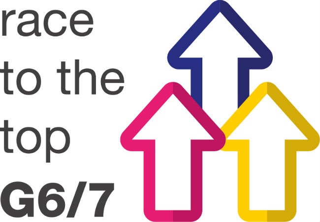 The logo of the Race to the Top G6/G7 network, with the text 'race to the top G6/7' to the left of three upward facing arrows outlined in pink, blue and yellow, respectively.