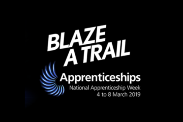 Logo of National Apprenticeships Week 2019 beneath the words 'Blaze a Trail'