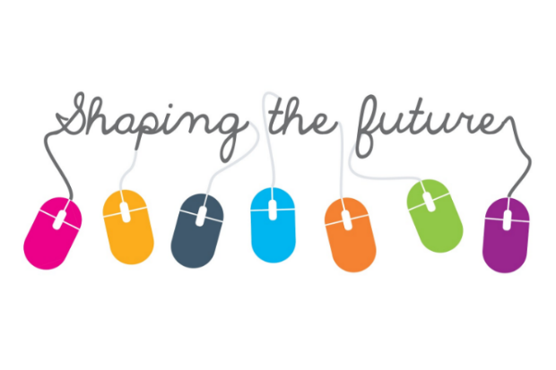 Graphic for the Learning at Work Week 2019 theme, Shaping the Future, showing the lettering of 'Shaping the Future' connected by thin cables to seven brightly coloured computer mouses