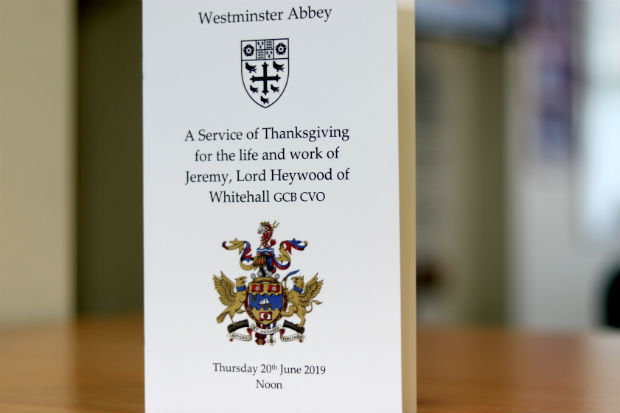 Front cover of programme for the memorial service for Jeremy Heywood