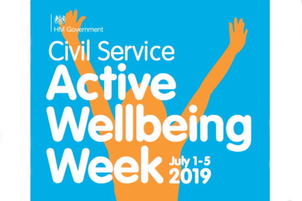 Graphic with text 'Civil Service Active Wellbeing Week July 1-5 2019' superimposed on a silhouette of the top half of a person with arms aloft