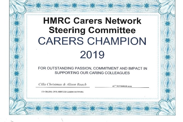 Certificate presented by the Civil Service Carers Network to the HMRC Carers Network Steering Committee as Carers Champion 2019.