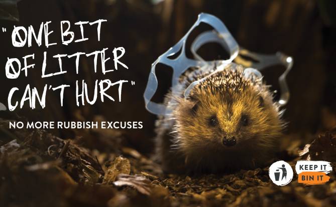 Poster for the Keep It, Bin It anti-littering campaign, showing a hedgehog entangled in plastic packaging against the words, One bit of litter can't hurt, and, underneath, the slogan, No more rubbish excuses