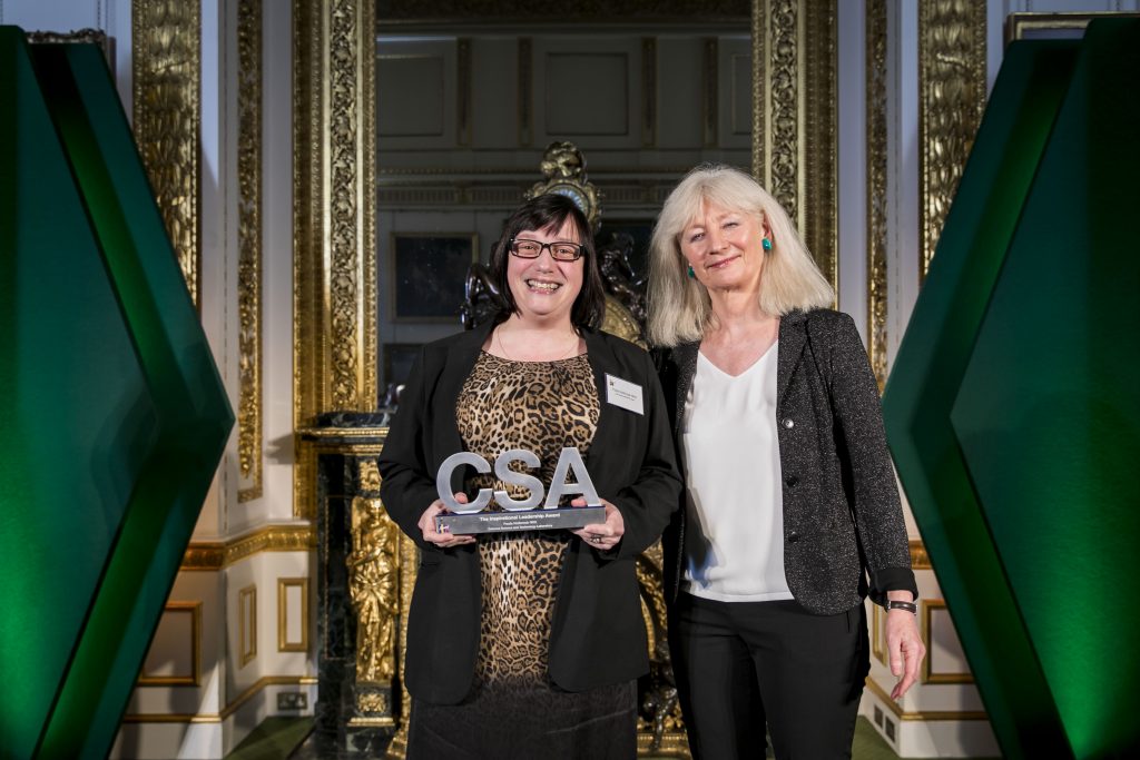 Paula Holbrook-Witt, winner of the Inspirational Leadership Award, with award presenter Dame Shan Morgan, Permanent Secretary for the Welsh Government