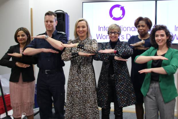 (Left to right) Perminder Mann, CEO, Bonnier Books UK, Paul Lincoln OBE, Director General, Border Force & Gender Equality Champion, the Home Office, Suki Thompson, CEO and Founder, Let’s Reset, Brenda Trenowden CBE, Co-chair of 30% Club, Pamela Hutchinson, Global Head of Diversity and Inclusion, Bloomberg LP, and Maggie Murphy, General Manager, Lewes FC, at the Home Office IWD event