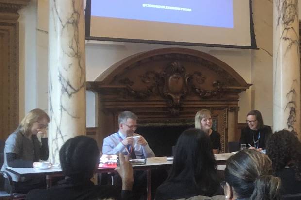 Claire Campbell, Programme Director Timewise, Stuart Miller, Department for Education, Camilla Bellamy, PHE Deputy Director & Chair of CGFWN, and Jane Van Zyl, CEO, Working Families, seated around a table at the CGFWN Event, London 2019