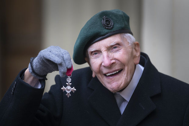 D-Day veteran Harry Billinge in March 2020 with his MBE for charitable fundraising, after he raised thousands for a national memorial to honour service personnel killed in Normandy. © Victoria Jones/PA Wire