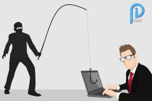 Image of a fraudster holding a fishing rod over an unsuspecting man on his computer