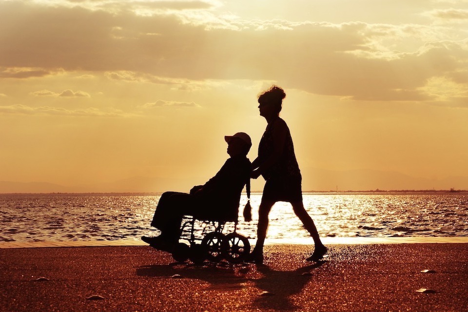 Image of carer pushing a person in a wheelchair