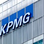 Logo of the accountants company KPMG in Canary Wharf, London