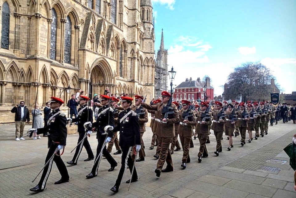 Sam Tillotson, Deputy Director, Office for Veterans’ Affairs leading the Freedom of York Parade in April 2022
