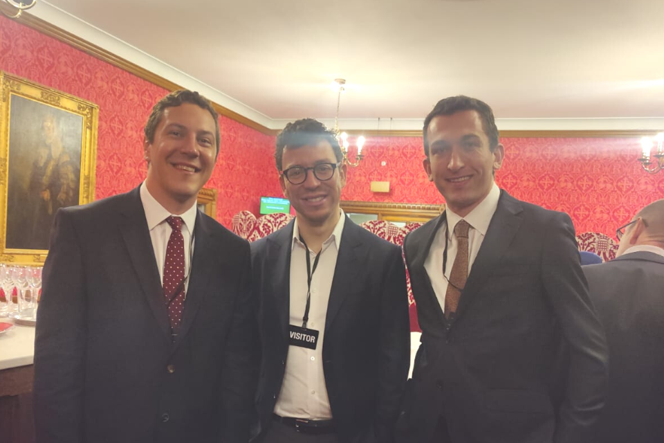 Co-Founders of the Civil Service Languages Network (CSLN) Hugo Griffin (left) and Matt Brown (right) with Co-Founder and CEO of Duolingo, Luis Von Ahn (middle)