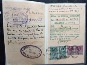 UK Visa from Friedrich (Fred) Weiss’s passport – showing that he had leave to enter the UK in January 1939, in order to complete an apprenticeship, as he fled Nazi Europe