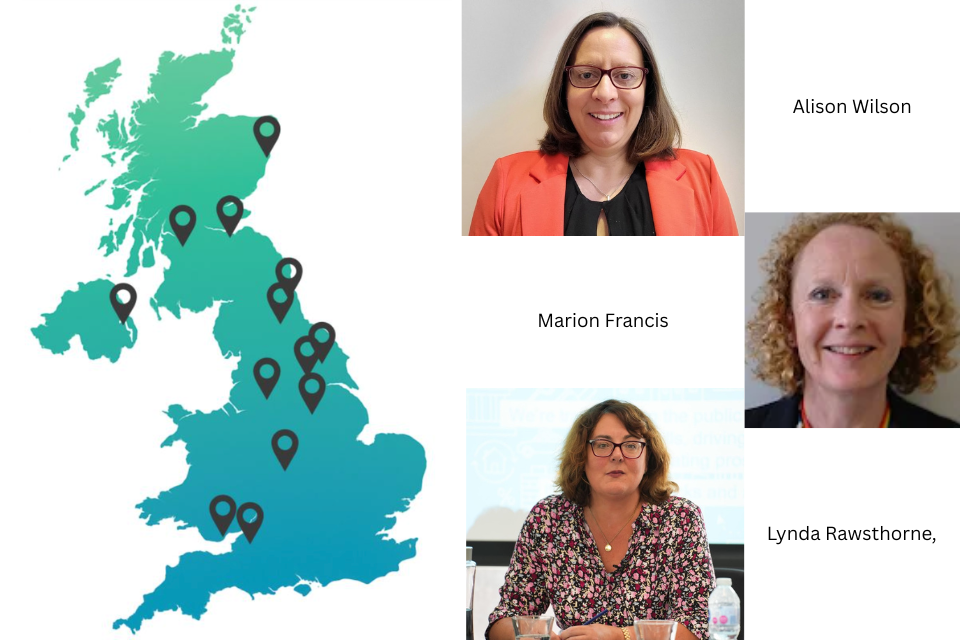 a blue and green map of the UK on the left. On the right hand side, there is 3 pictures. One of Lynda Rawsthorne, one of Marion Francis and one of Alison Wilson